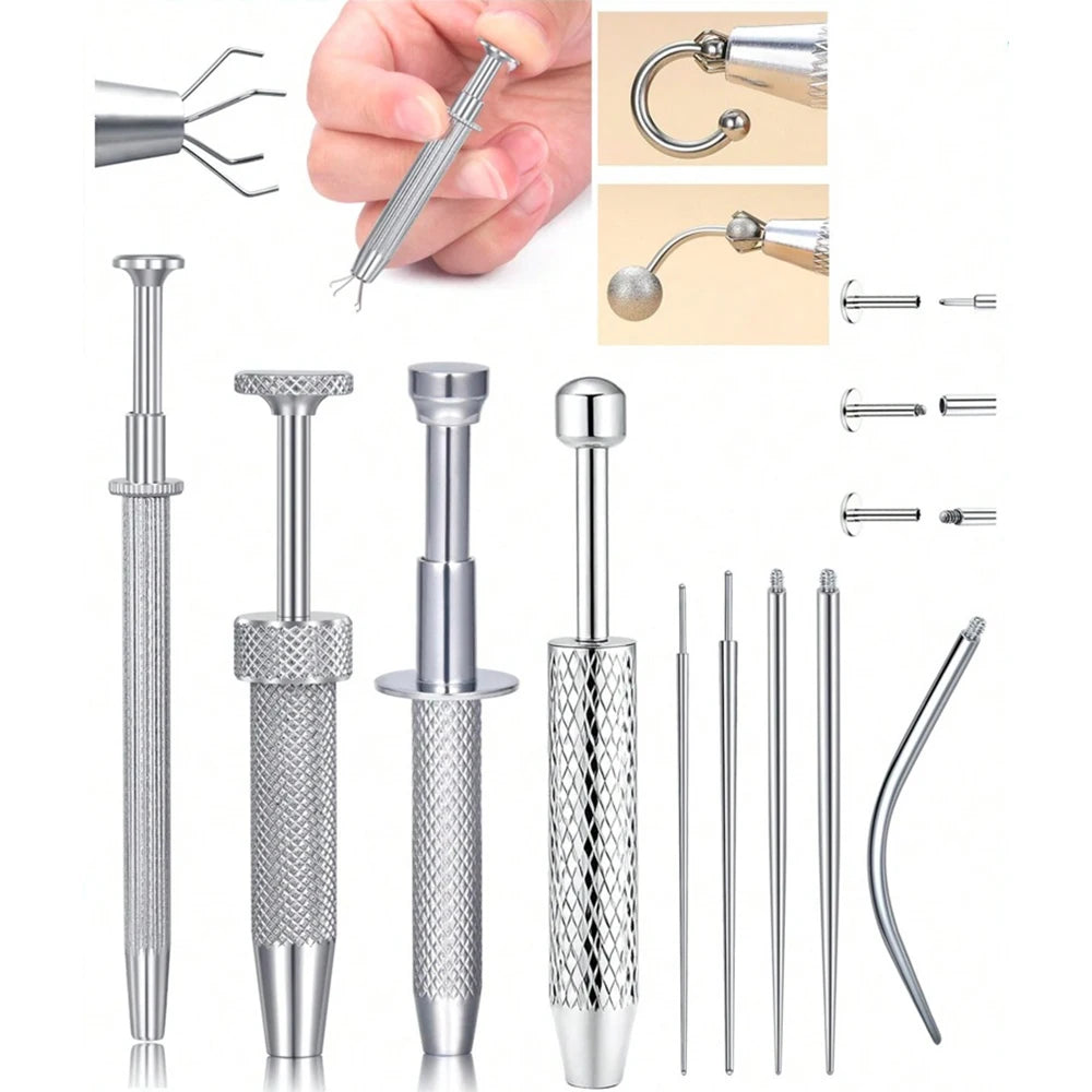 Stainless steel piercing ball grabber tool kit showing various tools and components for piercing