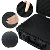 Black hard shell protective storage case for tools and instruments shown with close-ups of the texture and interior.