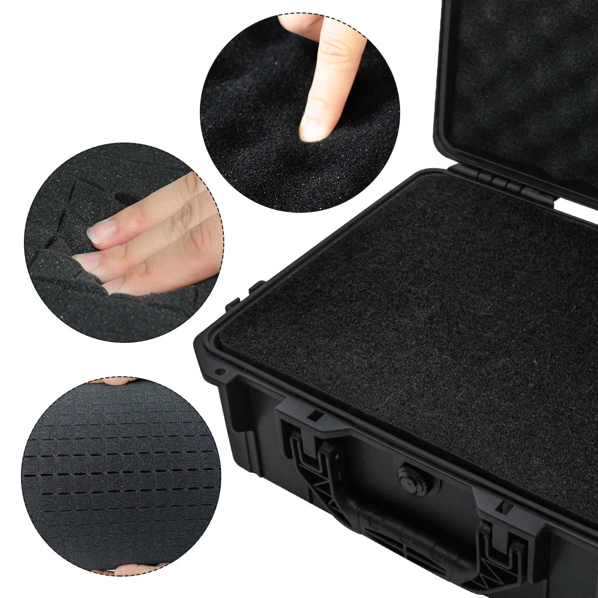Black hard shell protective storage case for tools and instruments shown with close-ups of the texture and interior.