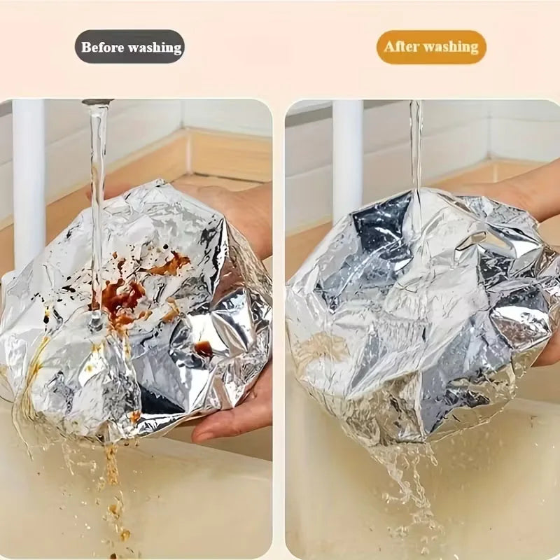Vorher-Nachher-Bilder von wiederverwendbaren Aluminium-Essensdeckeln beim Waschen.