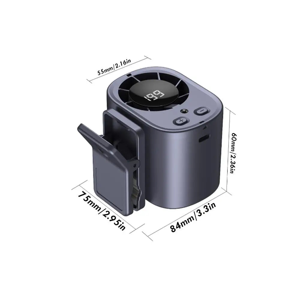A dark gray portable clip-on fan with a round LED display showing 199.