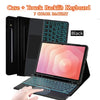 A black keyboard case for a tablet, showing the keyboard and a backlit layout with a hand interacting with the device.