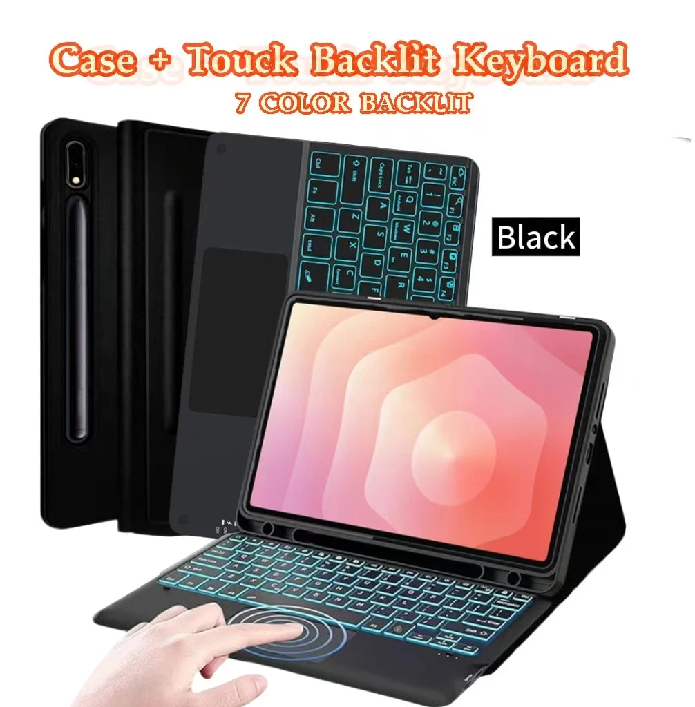 A black keyboard case for a tablet, showing the keyboard and a backlit layout with a hand interacting with the device.