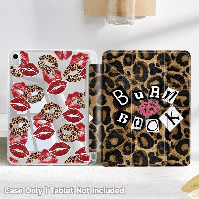 A premium tri-fold iPad case featuring a leopard print cover and a clear silicone outer shell.
