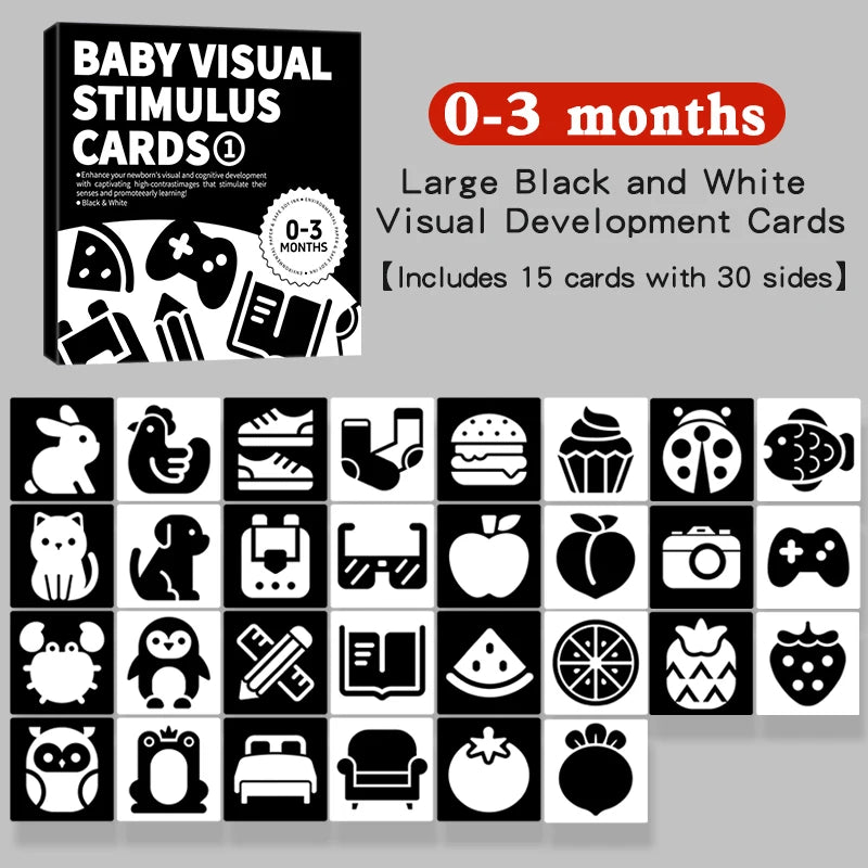 Large black and white visual development cards for baby stimulation, including 15 cards with 30 sides.