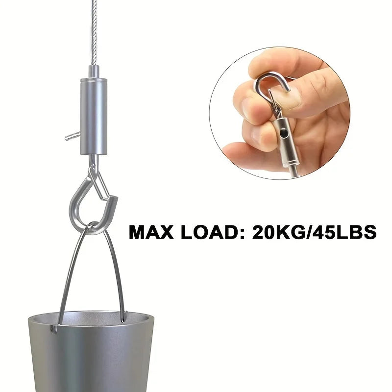 Stainless steel cable hanging kit with a hook and a pot, demonstrating a maximum load capacity.