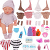 A set of clothing and hat for a baby doll including a jumpsuit, socks, and various accessories.