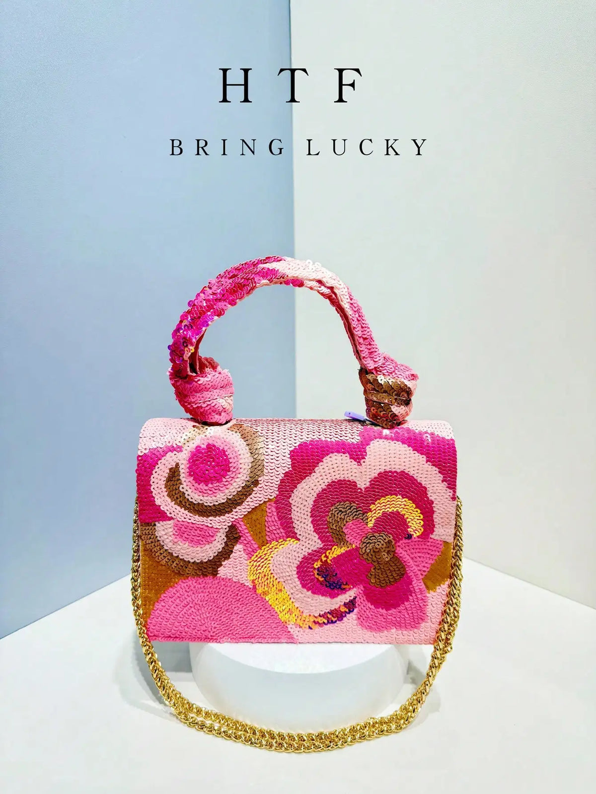 Sequin Floral Evening Clutch with Chain