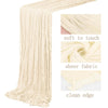 A beige semi-sheer gauze table runner with a clean edge shown in various close-up views.