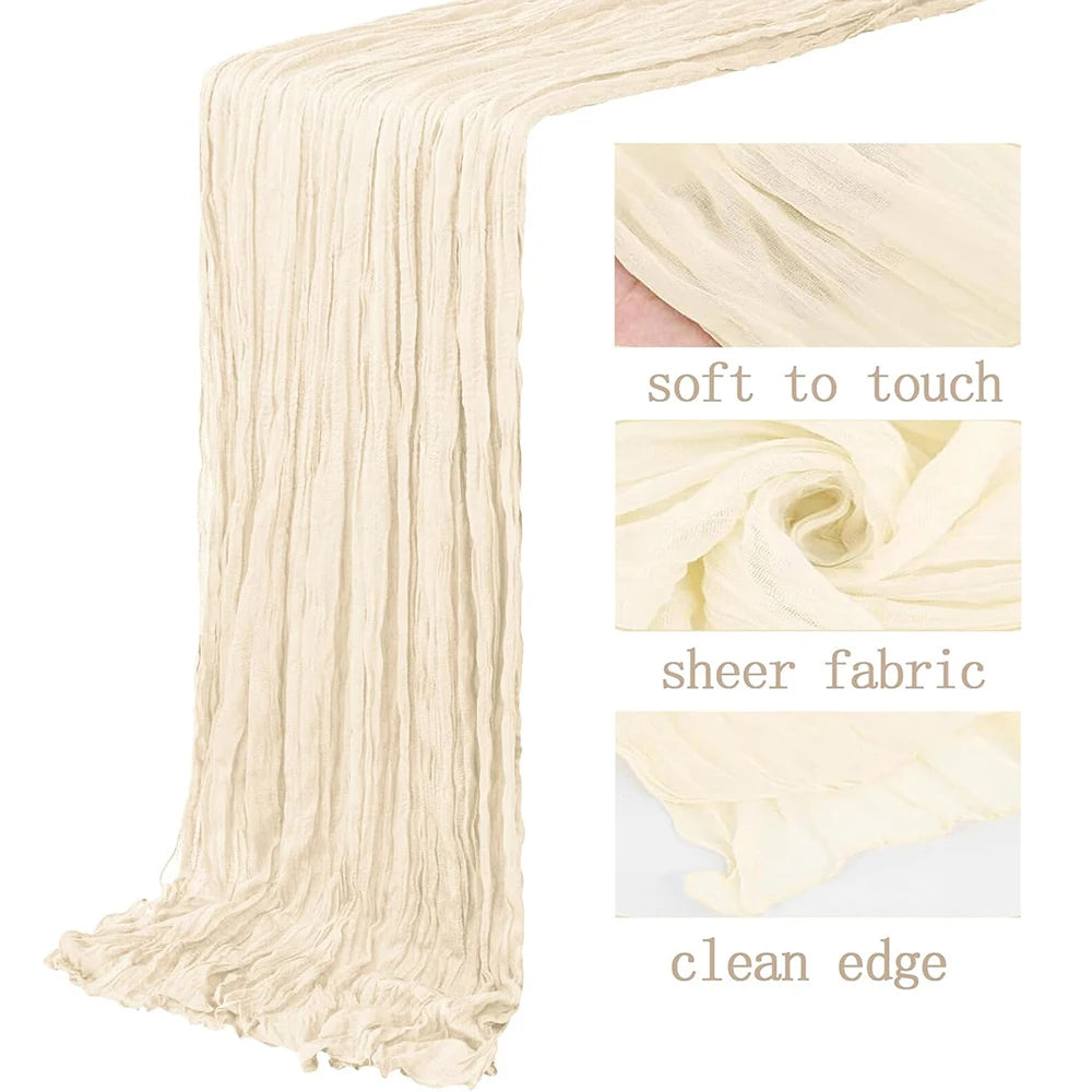 A beige semi-sheer gauze table runner with a clean edge shown in various close-up views.
