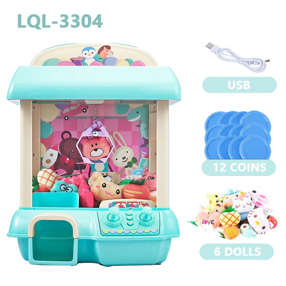 A teal mini claw crane machine for kids with lights and music, featuring coins and dolls.