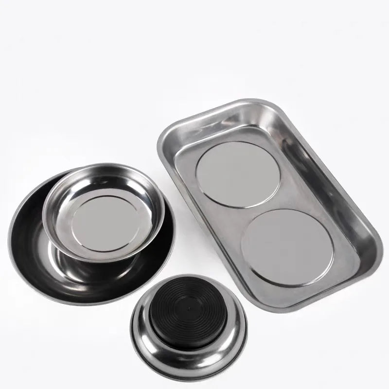 A silver magnetic parts tray with a strong magnet base for hardware storage.