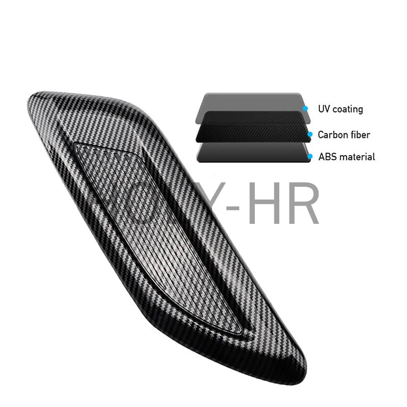 A black, textured Y-HR decorative hood scoop cover made of ABS material with UV coating and carbon fiber details.