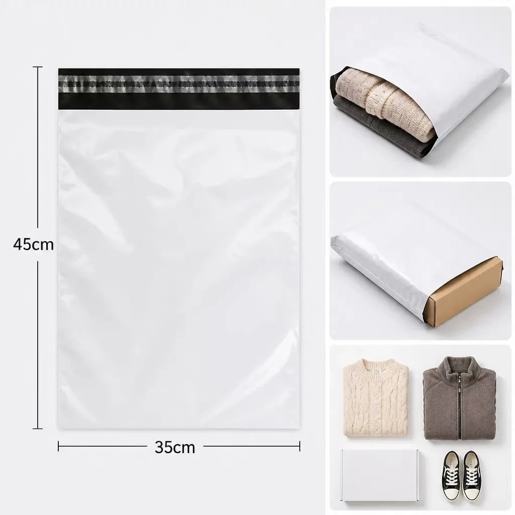 A white self-sealing mailing bag with a black seal strip and a brown fabric band shown next to a beige jacket.