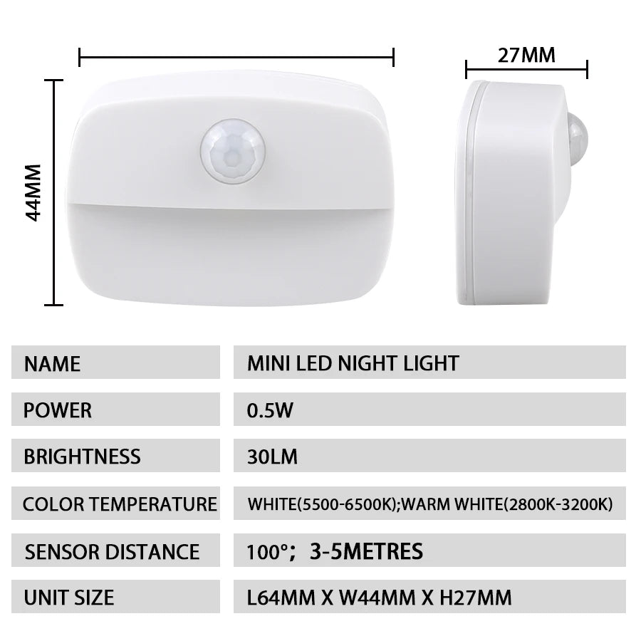 A white mini LED night light with a sensor, shown in front and side views.