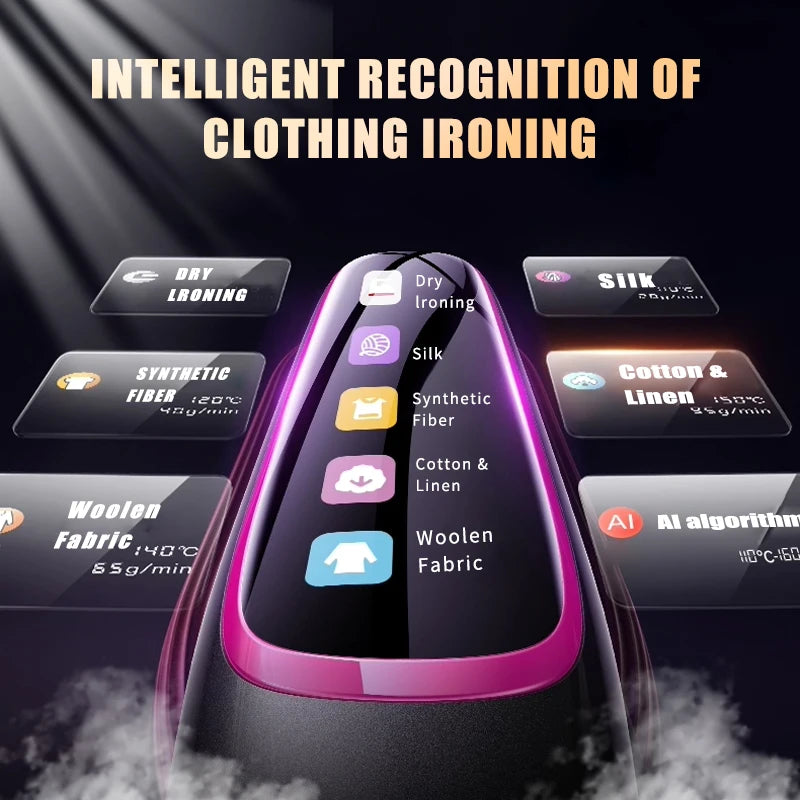A close-up view of a black handheld steam iron with a pink accent, displaying various fabric recognition modes.