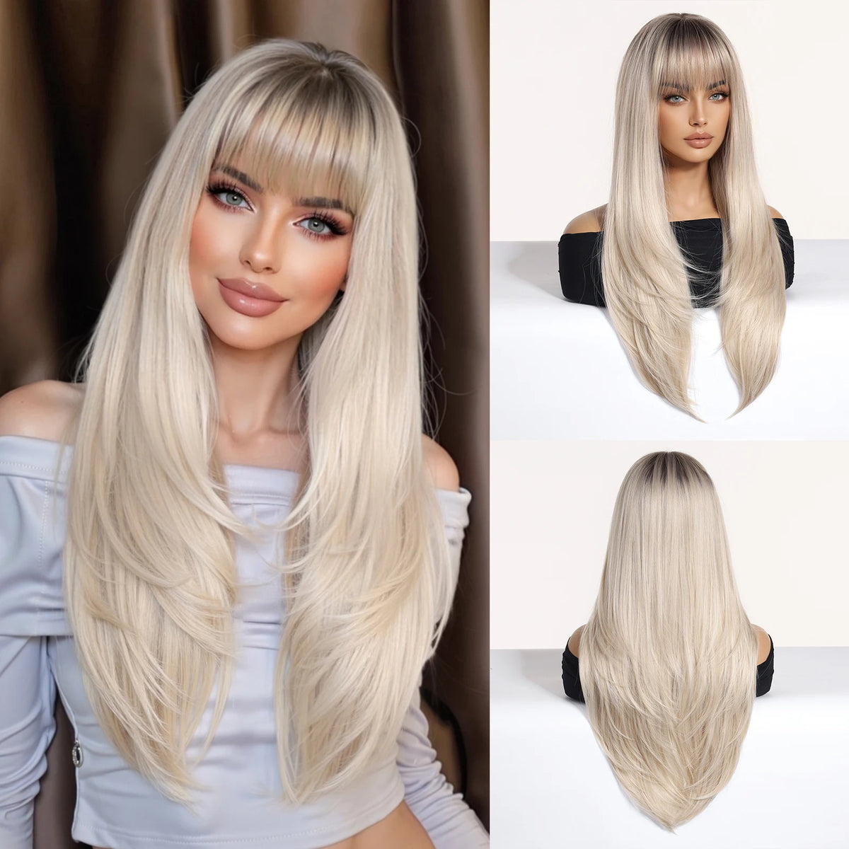 Rose Gold Layered Straight Wig with Bangs