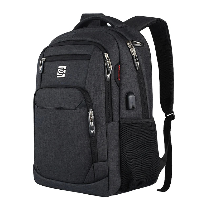 Sac à dos d'ordinateur portable noir pour le voyage d'affaires avec plusieurs compartiments et sangles.