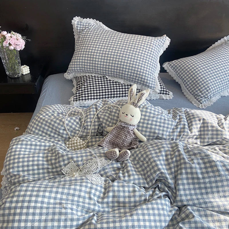 Lace Trim Plaid Duvet Cover Set with Pillowcases
