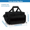Black heavy duty tool bag with carrying handles shown flat and standing upright.