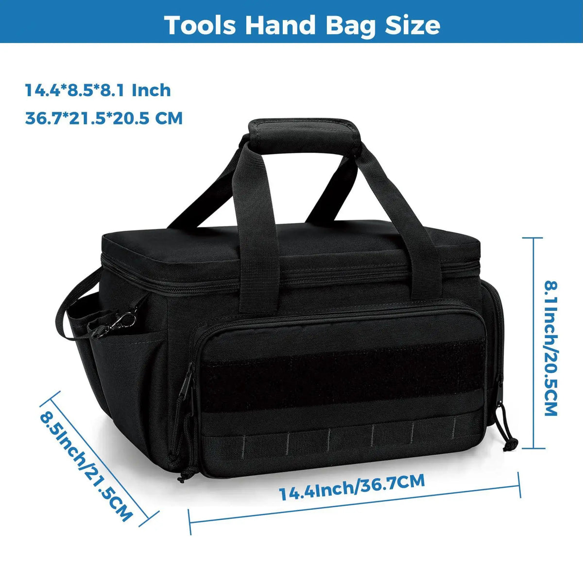 Black heavy duty tool bag with carrying handles shown flat and standing upright.