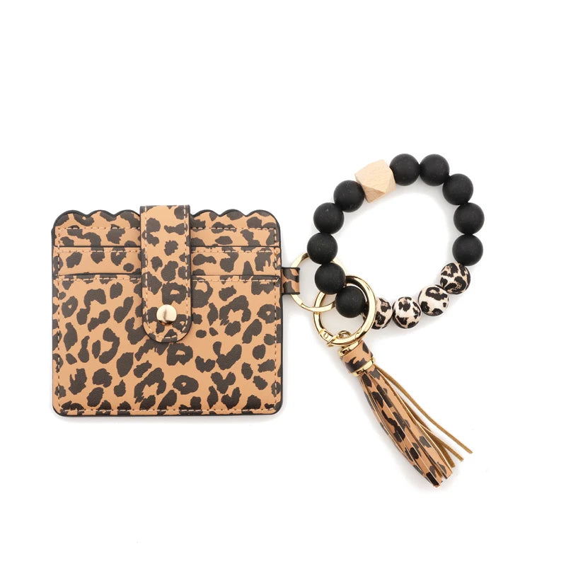 Silicone Bead Bracelet Leather Card Holder Wristlet