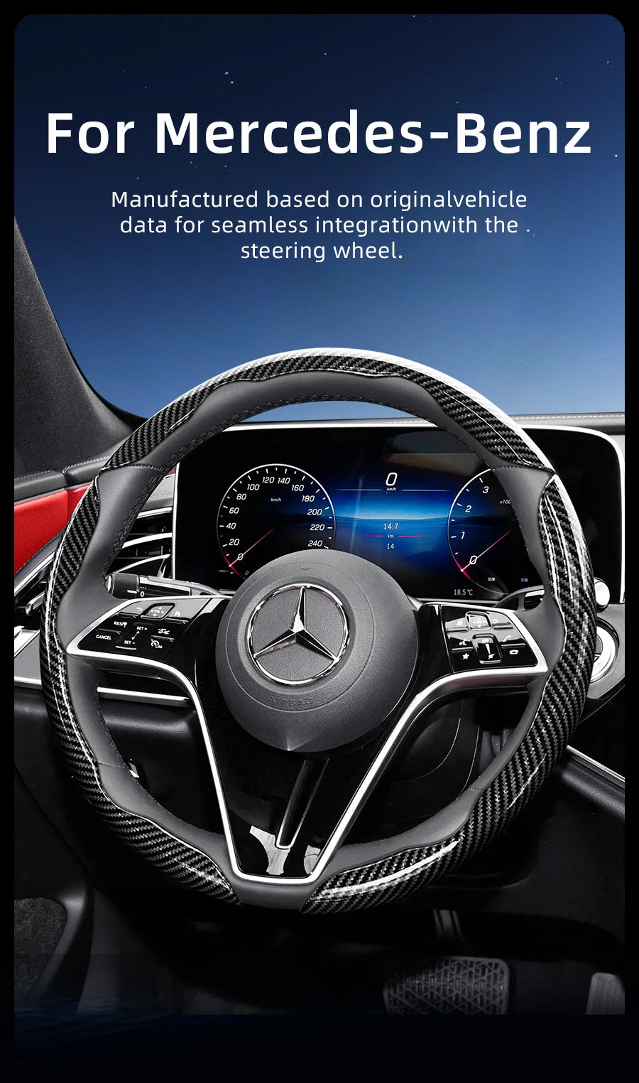 A close-up view of a black steering wheel with a carbon fiber texture cover installed in a Mercedes-Benz interior.