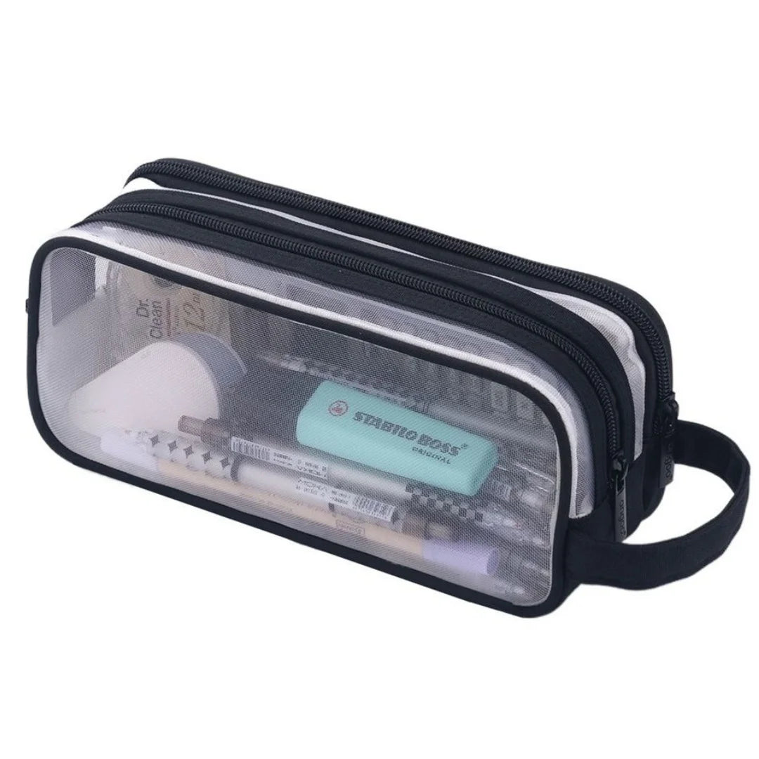Clear mesh pencil case with a black zipper and internal compartments for school or office organization