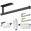 A set of stainless steel wall-mounted paper towel holders and rolls.
