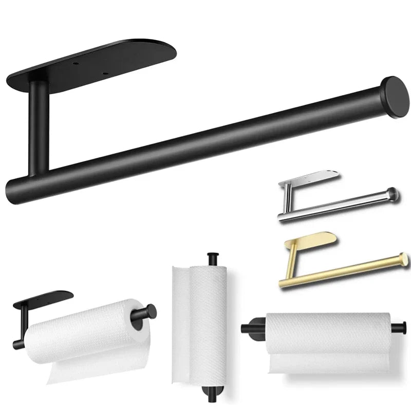 A set of stainless steel wall-mounted paper towel holders and rolls.