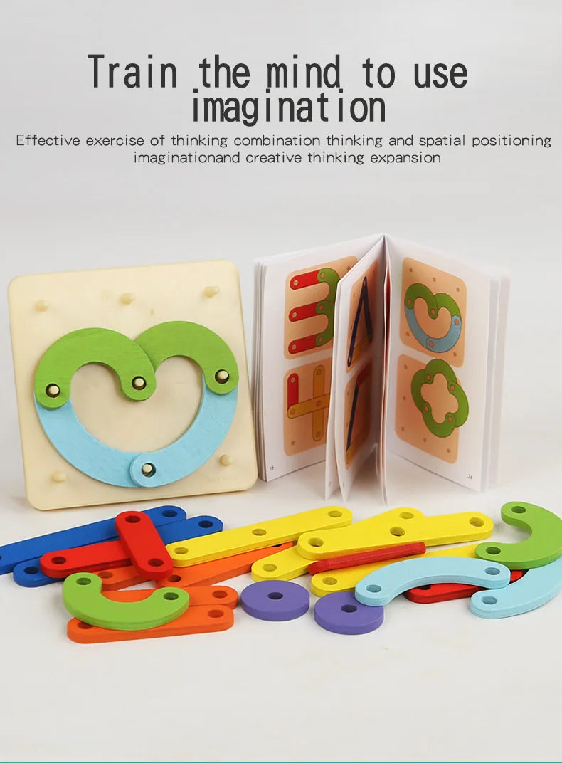 A set of wooden geoboard shapes and colored rods for children's imagination and creative thinking exercises.