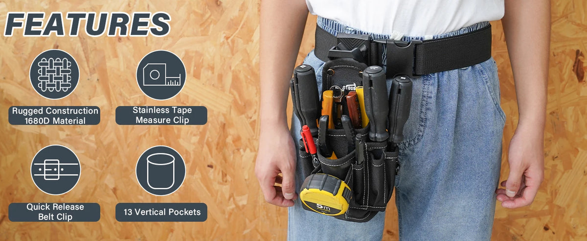 A person is wearing a black heavy-duty tool pouch with a belt clip attached to their jeans, highlighting its features.