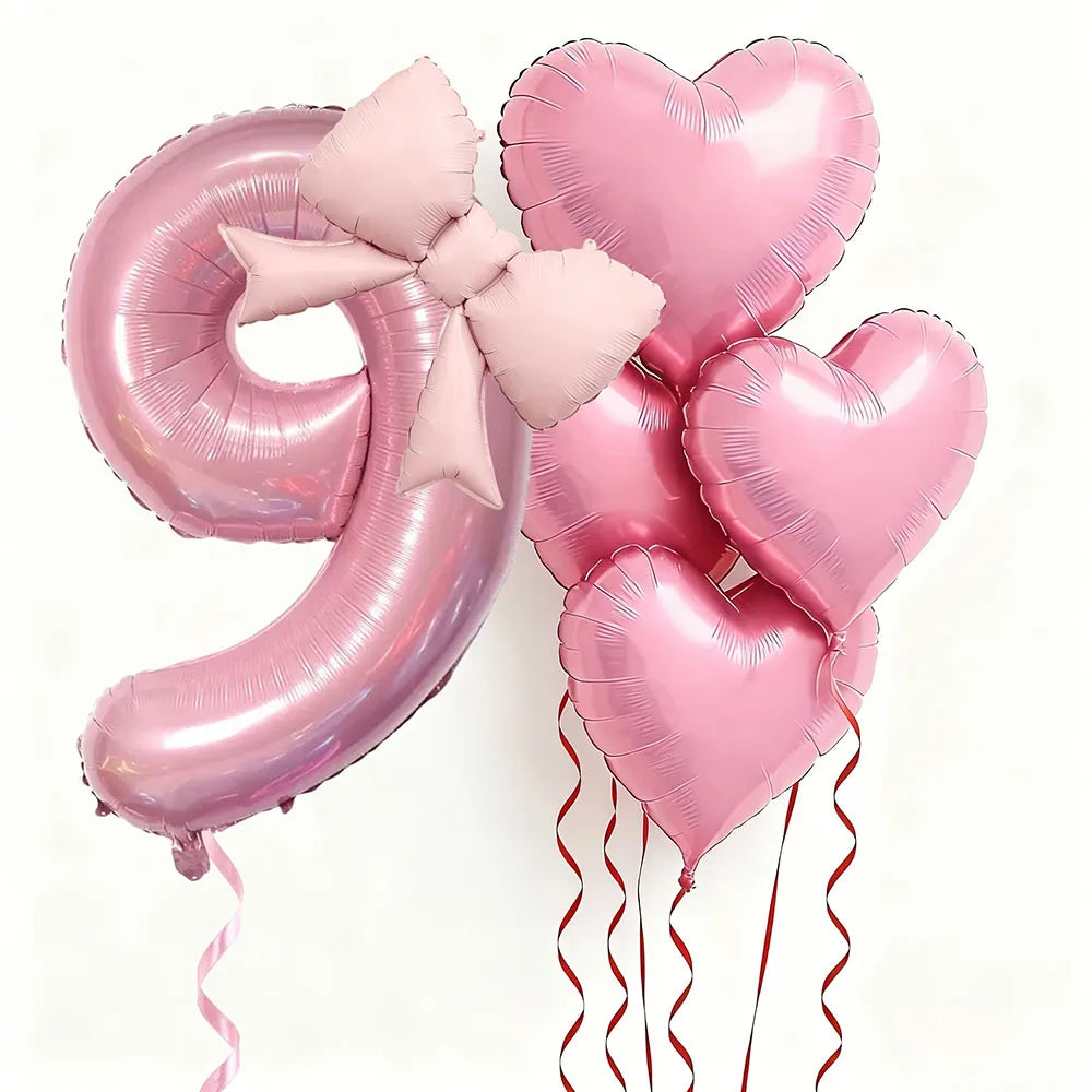 Pink Bow Heart and Number Foil Balloon Set for Celebrations
