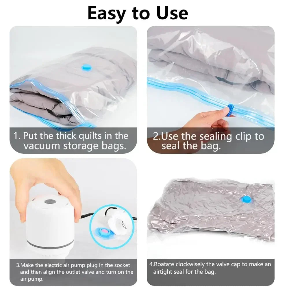Instructions showing how to use a portable electric vacuum pump for sealing storage bags.