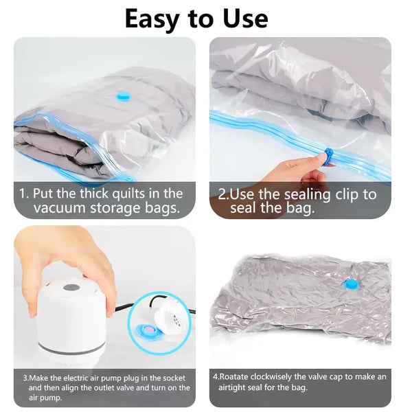 Instrucciones para usar una bomba de vacío eléctrica portátil para sellar bolsas de almacenamiento.