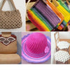 Various handmade crochet items including a woven bag, colorful knitted fabric, and pink yarn crafts.