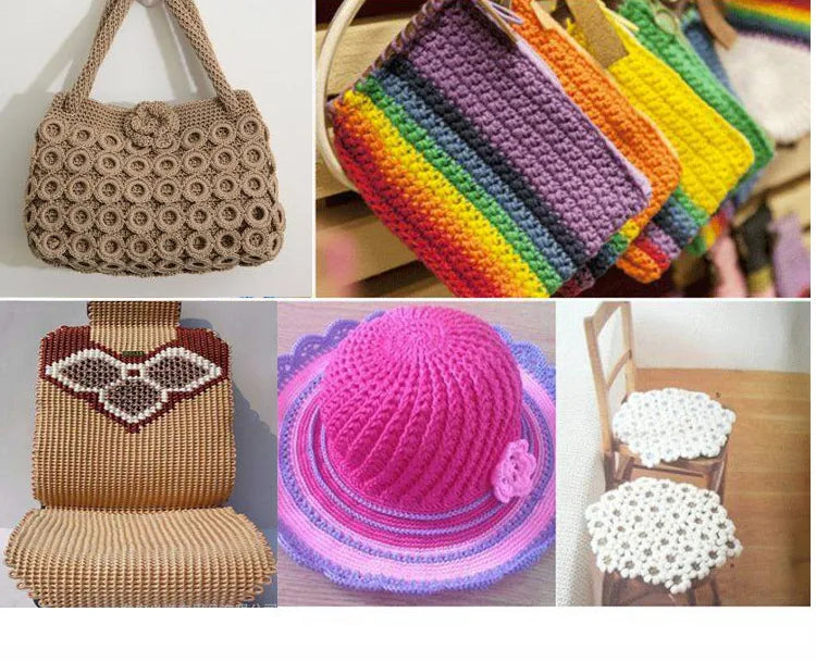 Various handmade crochet items including a woven bag, colorful knitted fabric, and pink yarn crafts.