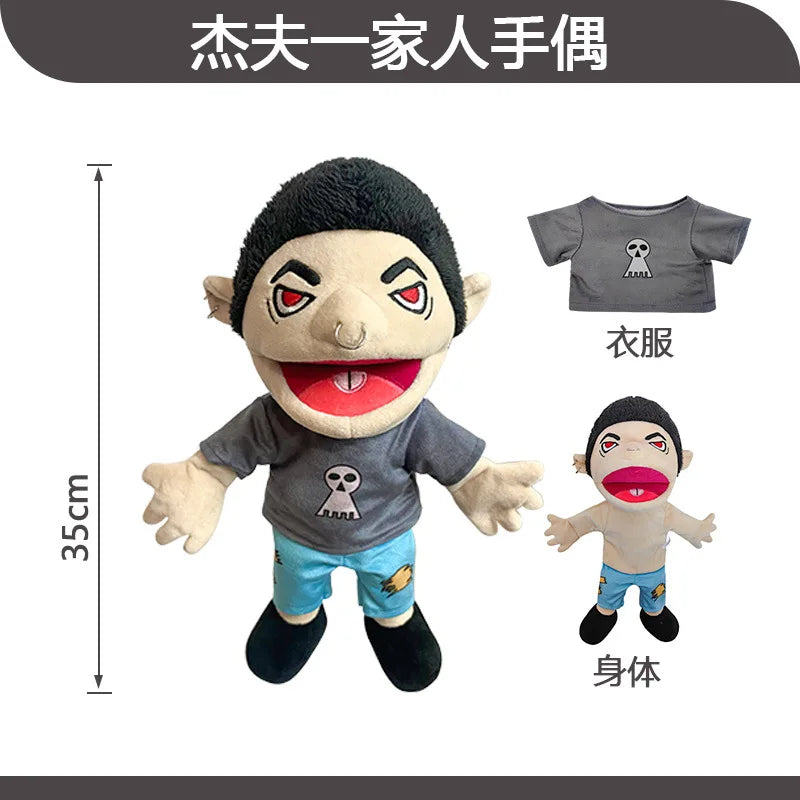 A plush toy of a zombie boy with black hair and gray clothing, shown next to an adult shirt and a body version.