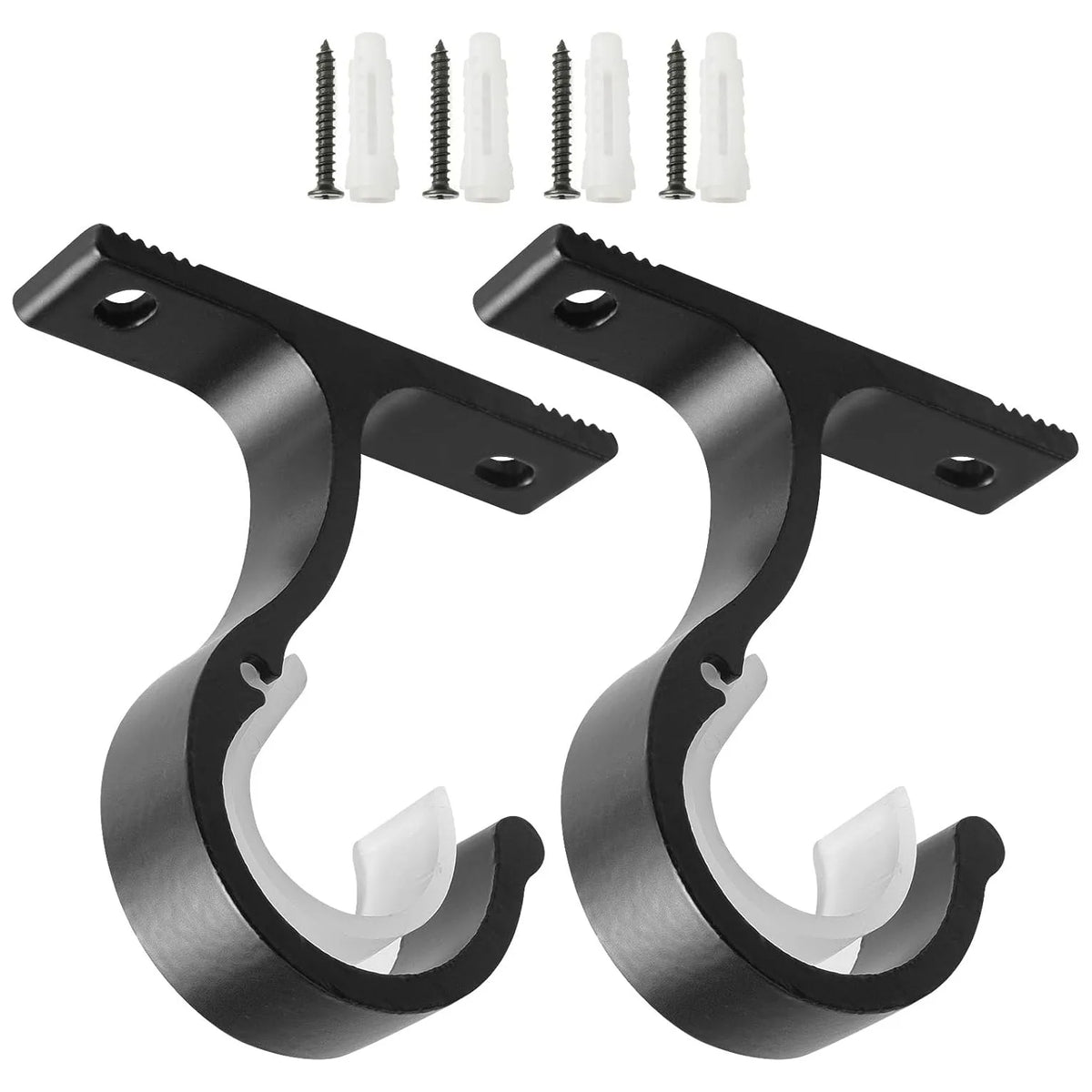 Two black durable curtain rod brackets and several metal dowels are shown.