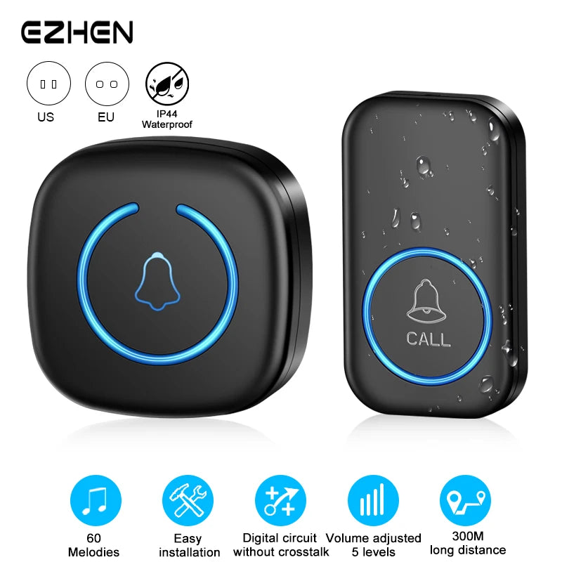 Black wireless doorbell featuring a circular call button and indicators for 60 melodies, easy installation, digital circuit, 