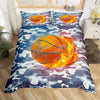 A basketball themed duvet cover set featuring a camouflage pattern with glowing orange and yellow flames.