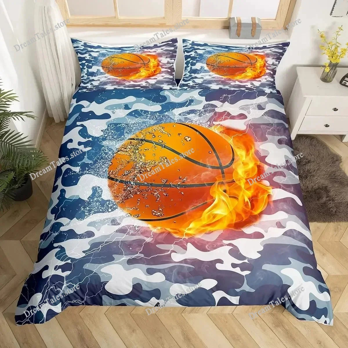 A basketball themed duvet cover set featuring a camouflage pattern with glowing orange and yellow flames.