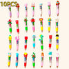 A collection of 10 multicolor ballpoint pens in various shapes and colors suitable for party favors or classroom prizes.