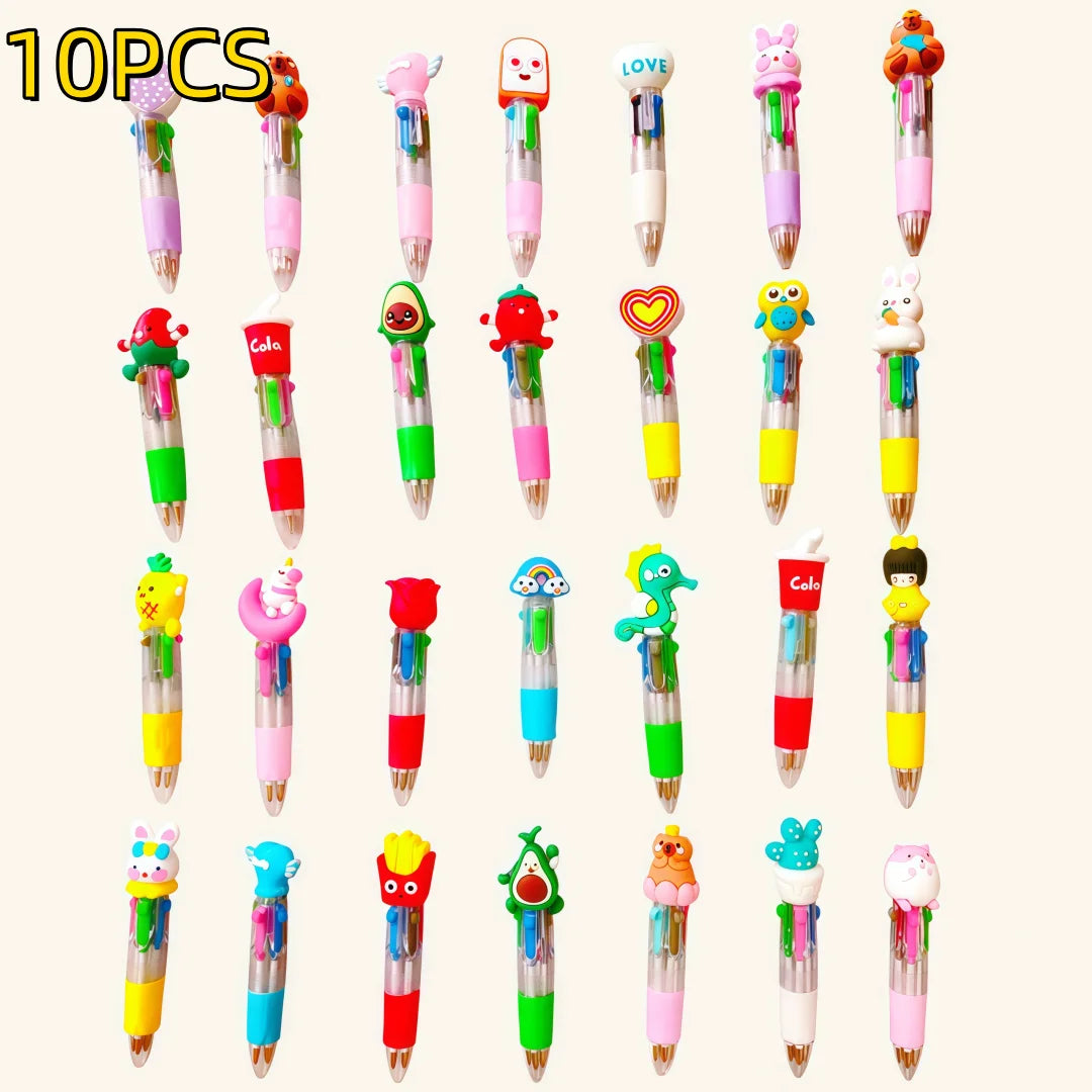 A collection of 10 multicolor ballpoint pens in various shapes and colors suitable for party favors or classroom prizes.