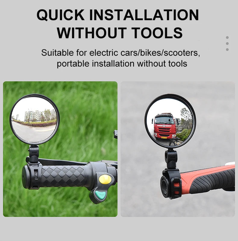 A portable 360° adjustable rearview mirror mounted on a handle, shown in use.