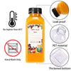 A clear glass bottle of orange juice with a black cap, shown next to icons indicating leak proof, PET material, and thickened