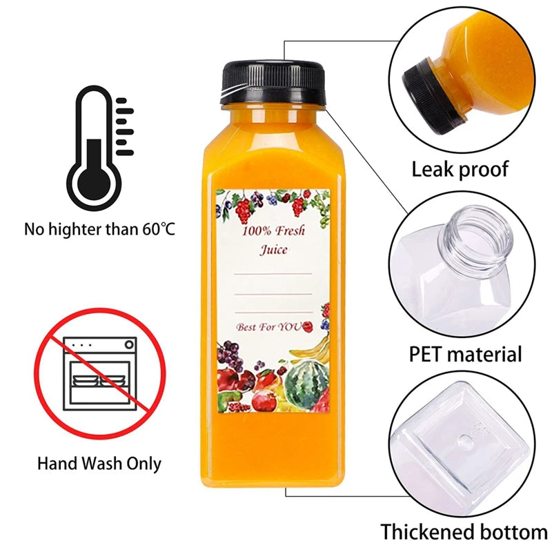 A clear glass bottle of orange juice with a black cap, shown next to icons indicating leak proof, PET material, and thickened