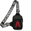 Black canvas chest bag with a black strap and zipper closure