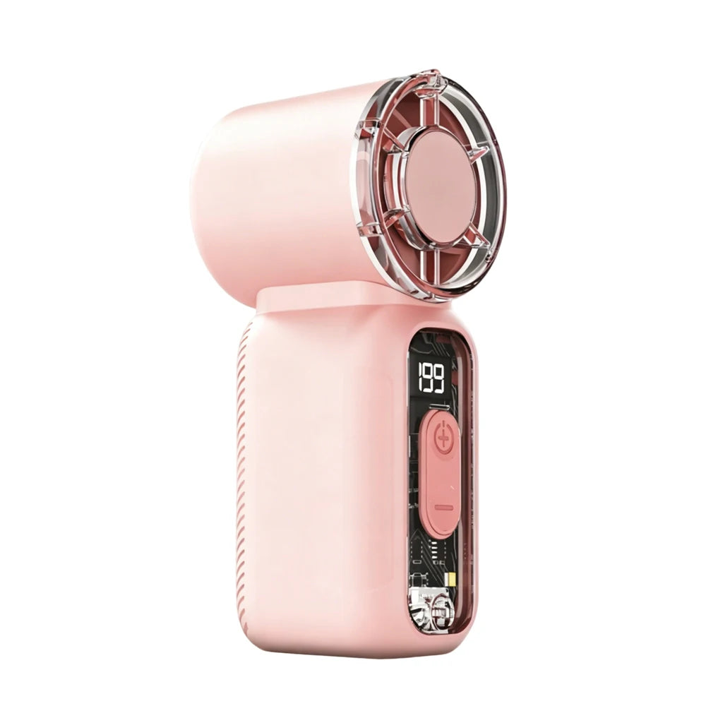 A pink mini handheld fan with a digital display and flashlight is shown from the side.