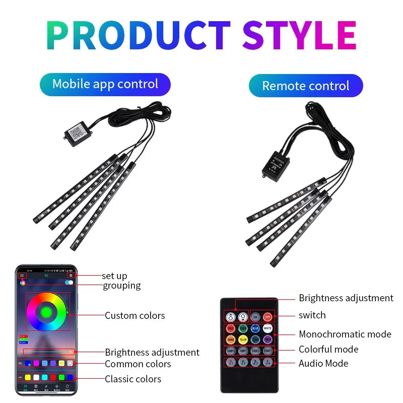 RGB LED car interior ambient light kit with mobile app and remote control features